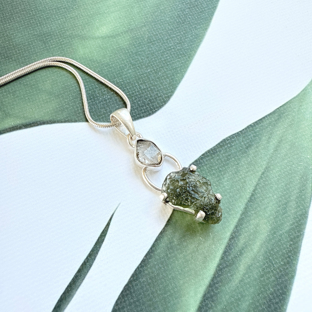 MOLDAVITE & HERKEMIER DIAMOND PENDANT