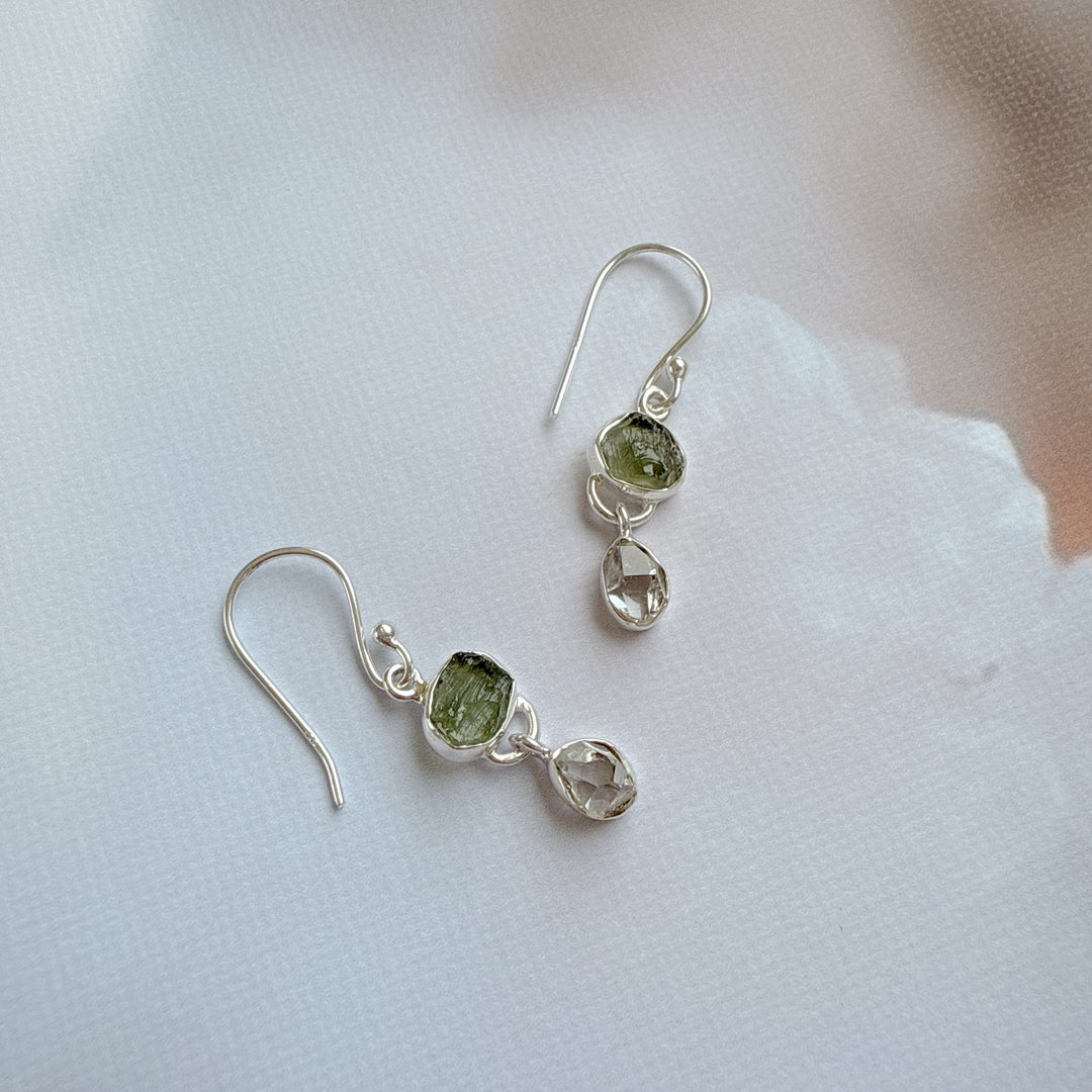 Moldavite & Herkemir Diamond Earrings