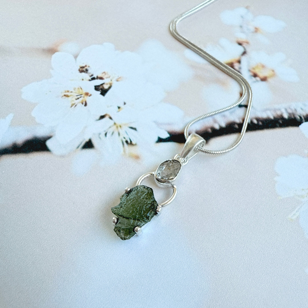 MOLDAVITE & HERKEMIER DIAMOND PENDANT
