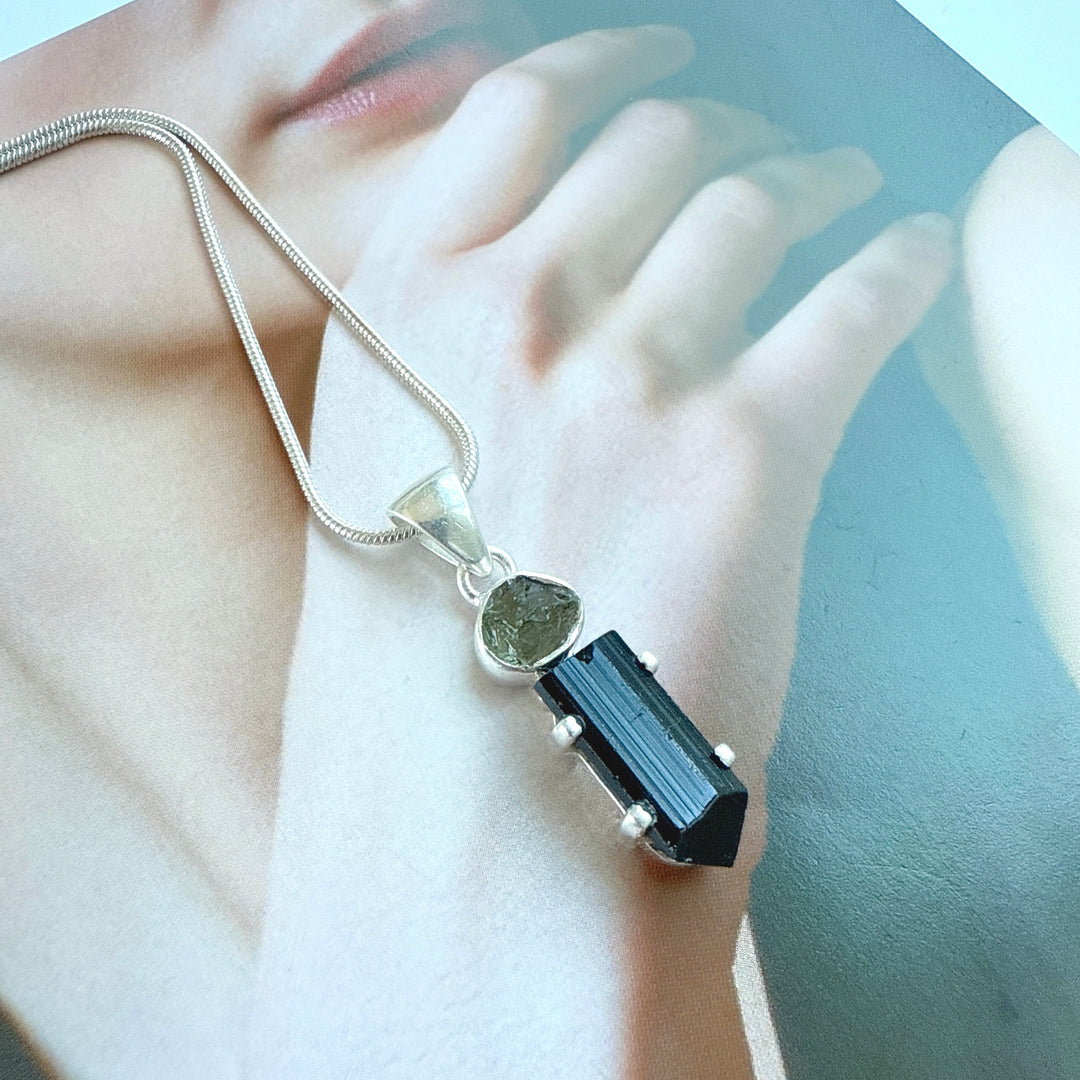 Moldavite & Black Tourmaline Pendant