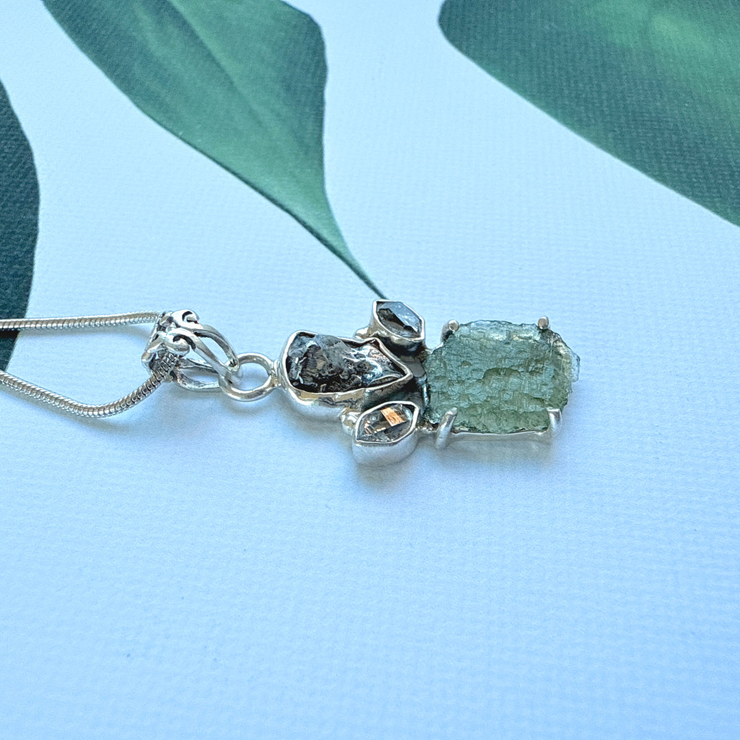 MOLDAVITE, HERKIMER DIAMOND, METEORITE CAMPO DEL CIELO PENDANT