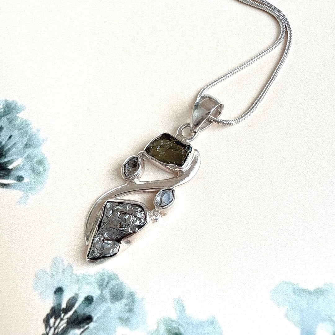 MOLDAVITE, HERKIMER DIAMOND, METEORITE CAMPO DEL CIELO PENDANT
