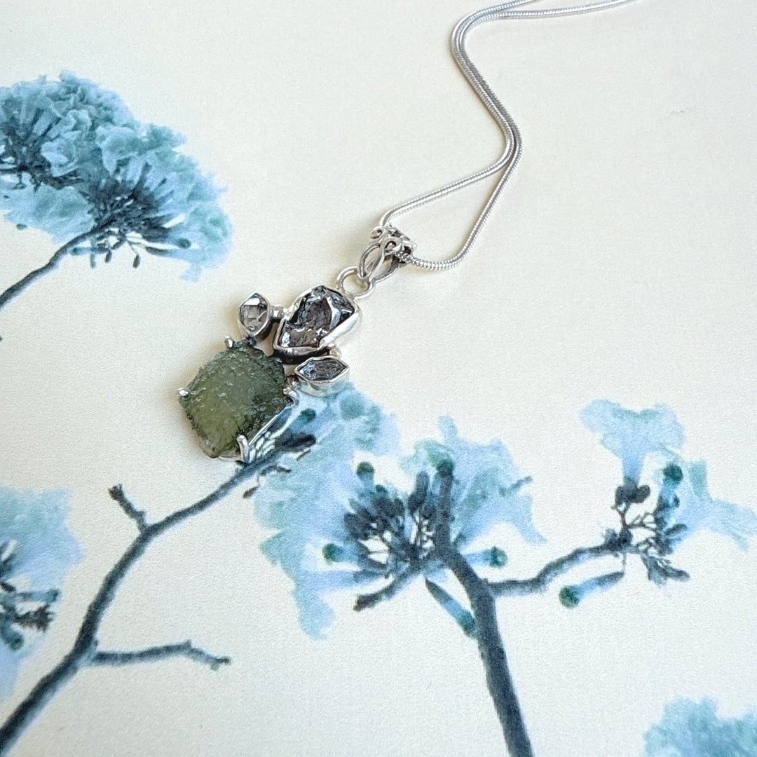 MOLDAVITE, HERKIMER DIAMOND, METEORITE CAMPO DEL CIELO PENDANT