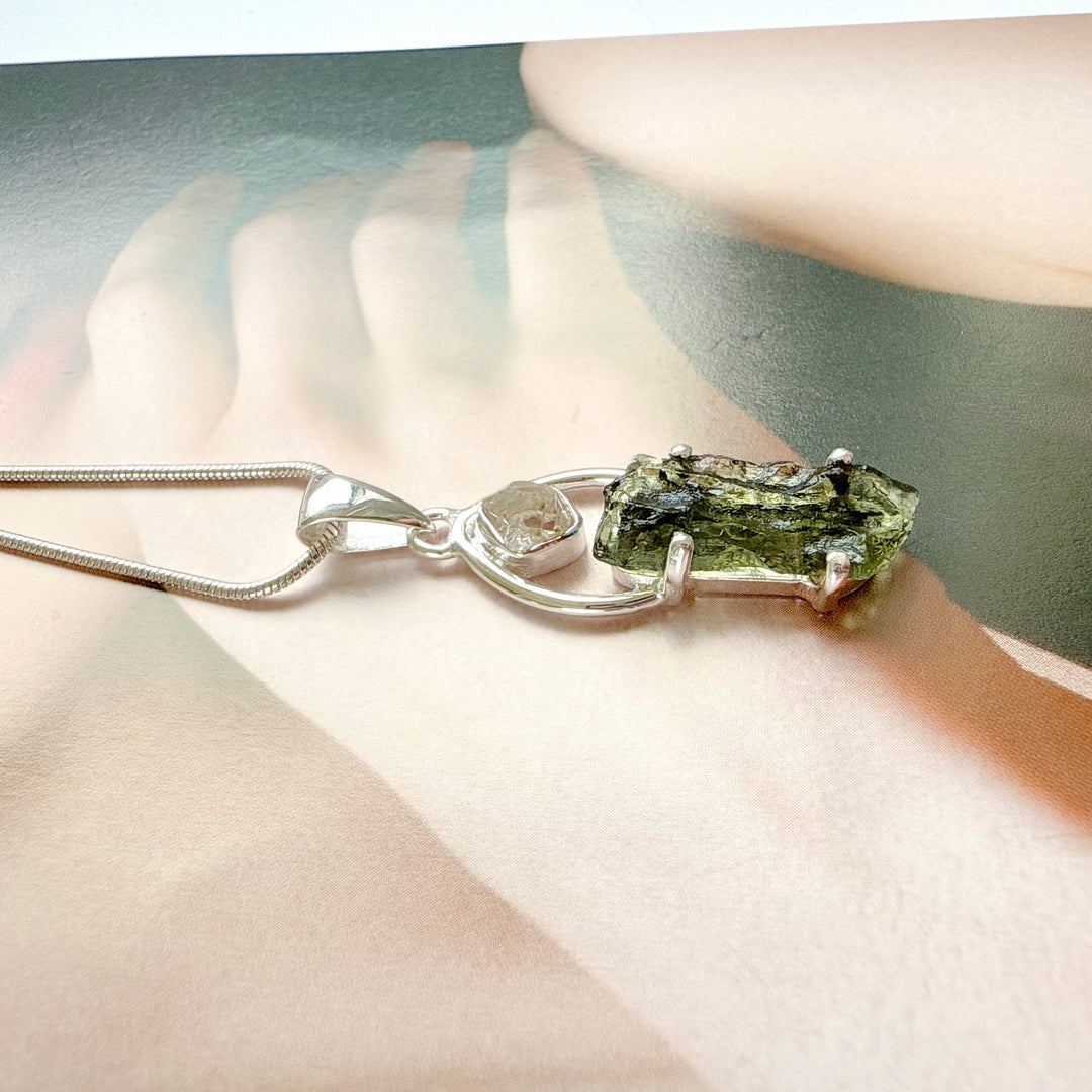 Moldavite & Herkimer Pendant