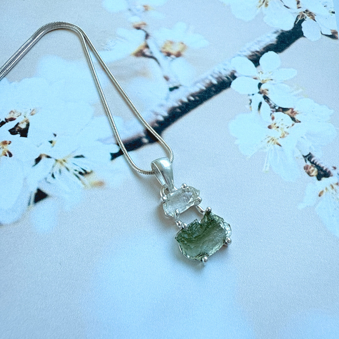 MOLDAVITE & HERKEMIER DIAMOND PENDANT
