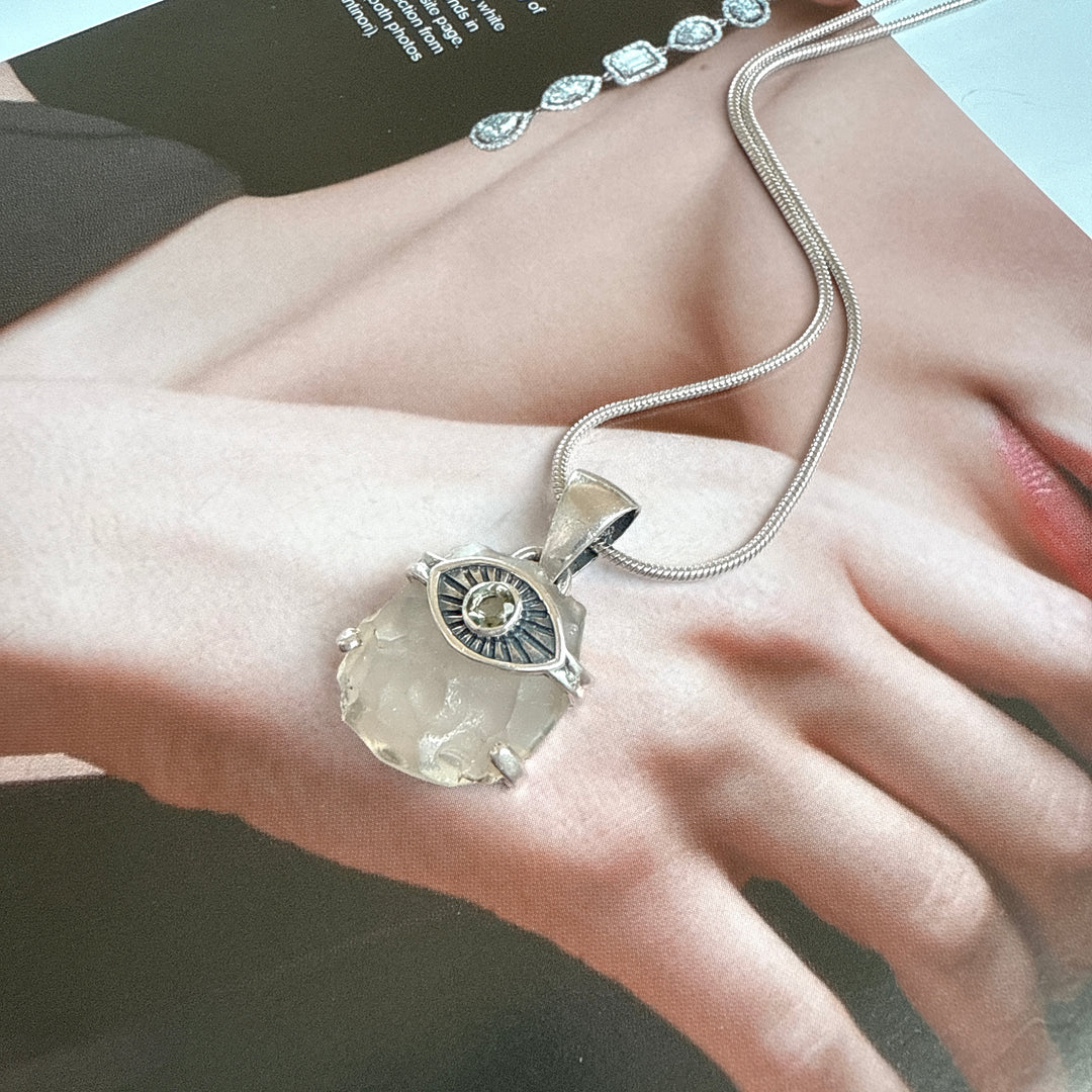 Faceted Moldavite and Libyan Desert Evil Eye Pendant