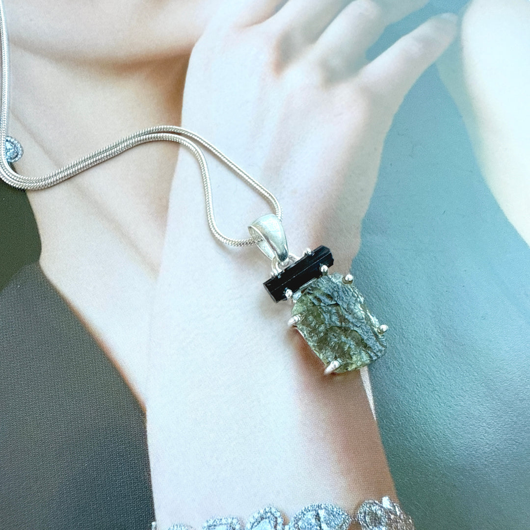 MOLDAVITE & BLACK TOURMALINE PENDANT