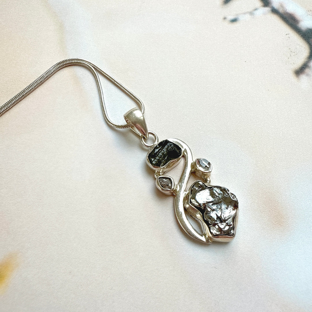 MOLDAVITE, HERKIMER DIAMOND, METEORITE CAMPO DEL CIELO PENDANT