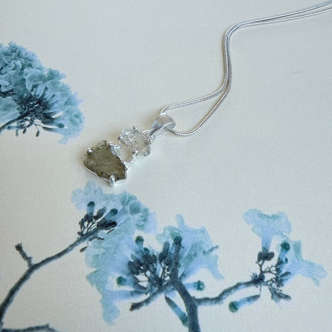 MOLDAVITE & HERKEMIER DIAMOND PENDANT