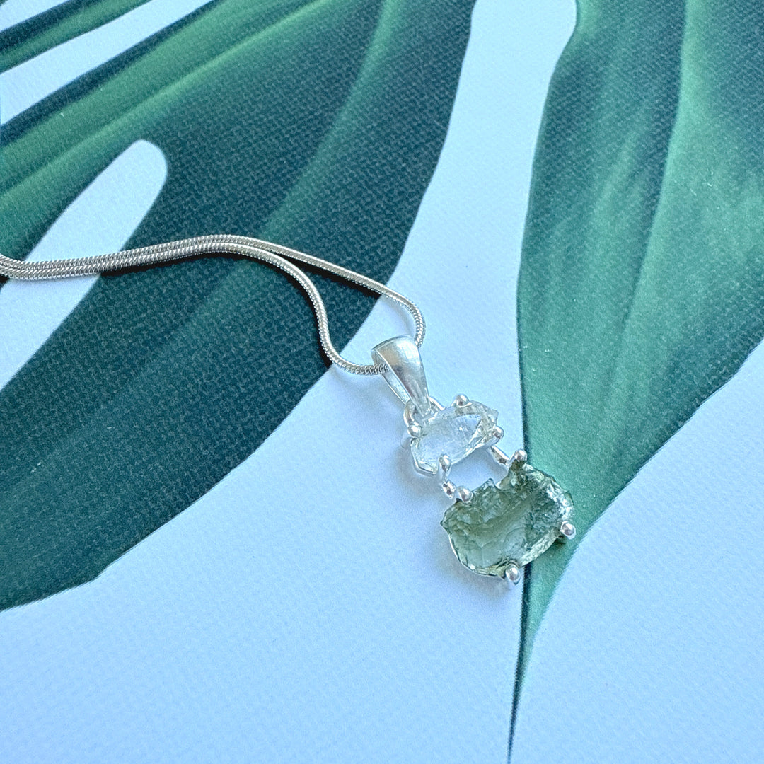 MOLDAVITE & HERKEMIER DIAMOND PENDANT
