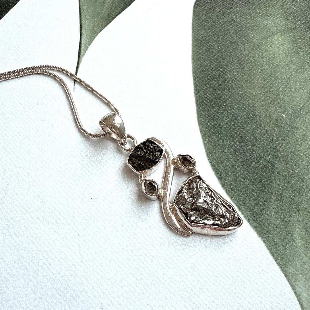 MOLDAVITE, HERKIMER DIAMOND, METEORITE CAMPO DEL CIELO PENDANT