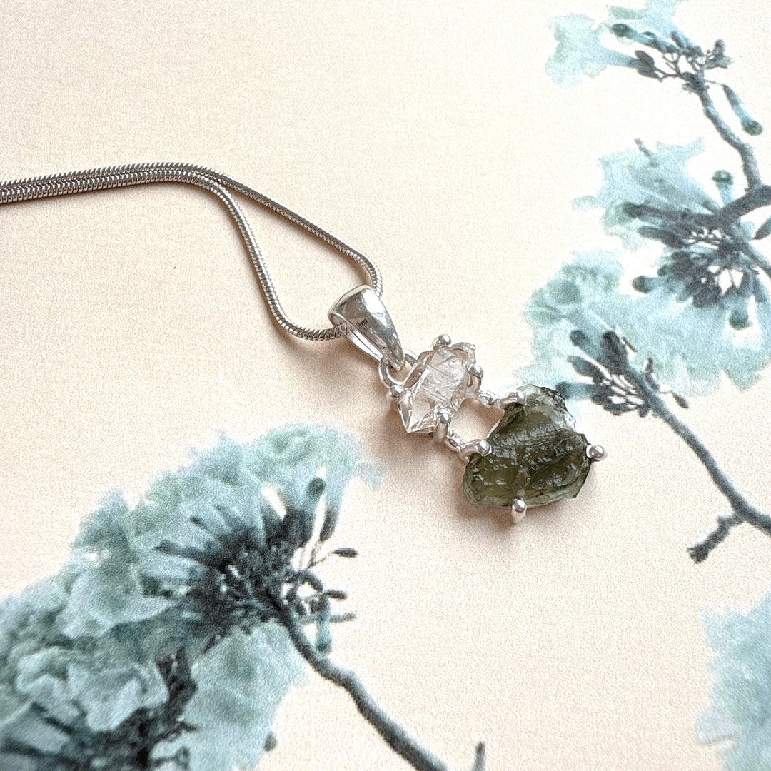 Moldavite & Herkimer Pendant