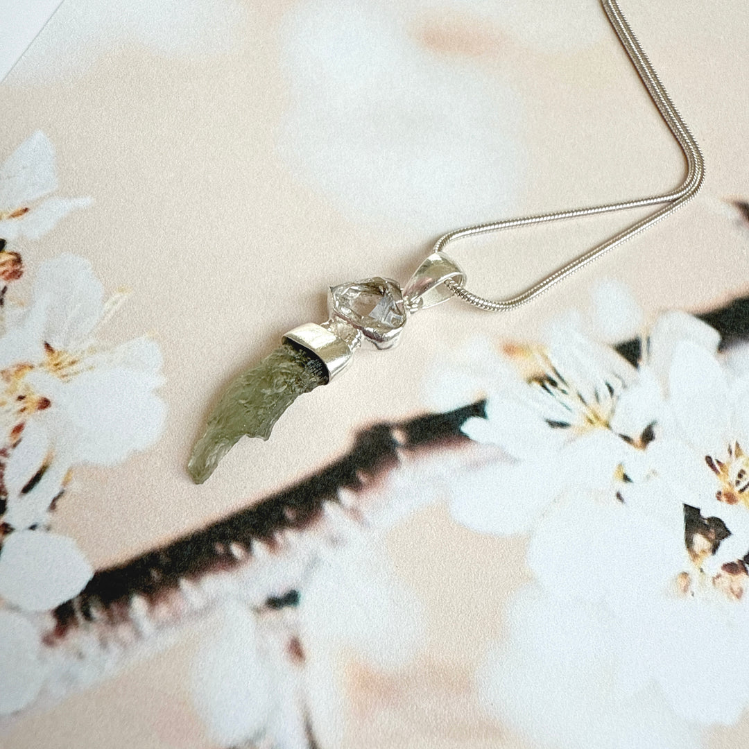 MOLDAVITE & HERKEMIER DIAMOND PENDANT