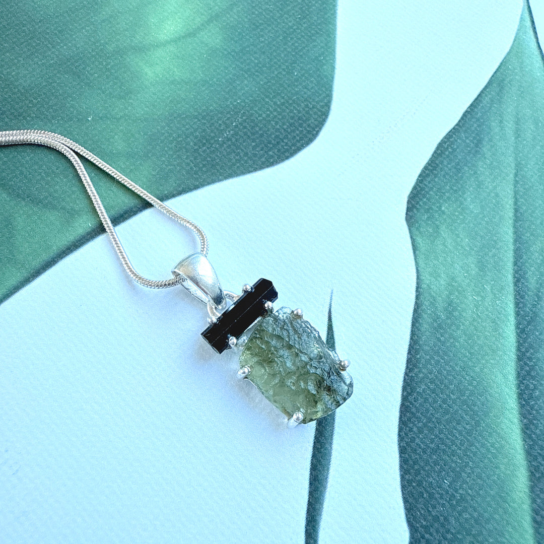 MOLDAVITE & BLACK TOURMALINE PENDANT