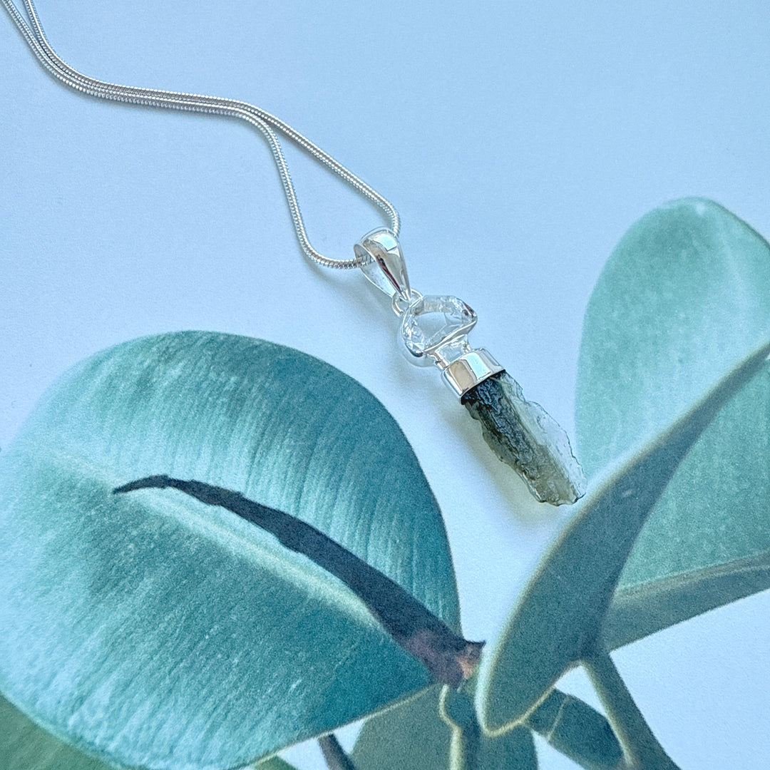 MOLDAVITE & HERKEMIR DIAMOND PENDANT