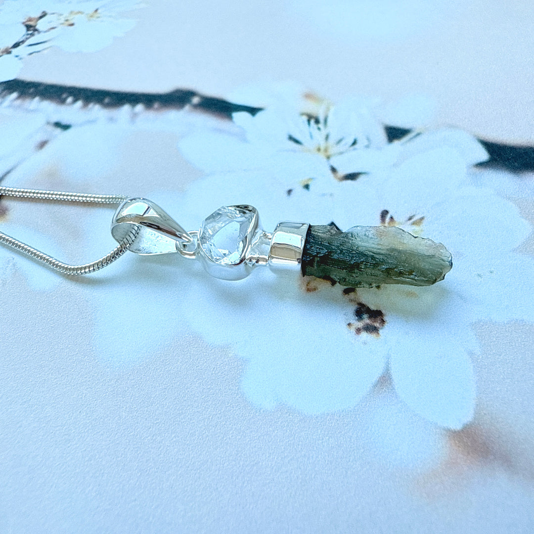 MOLDAVITE & HERKEMIR DIAMOND PENDANT
