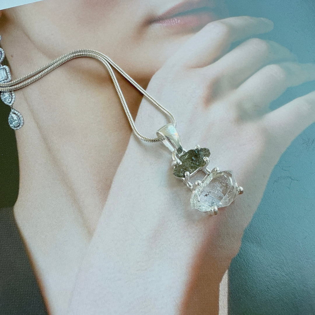 Moldavite & Herkimer Pendant