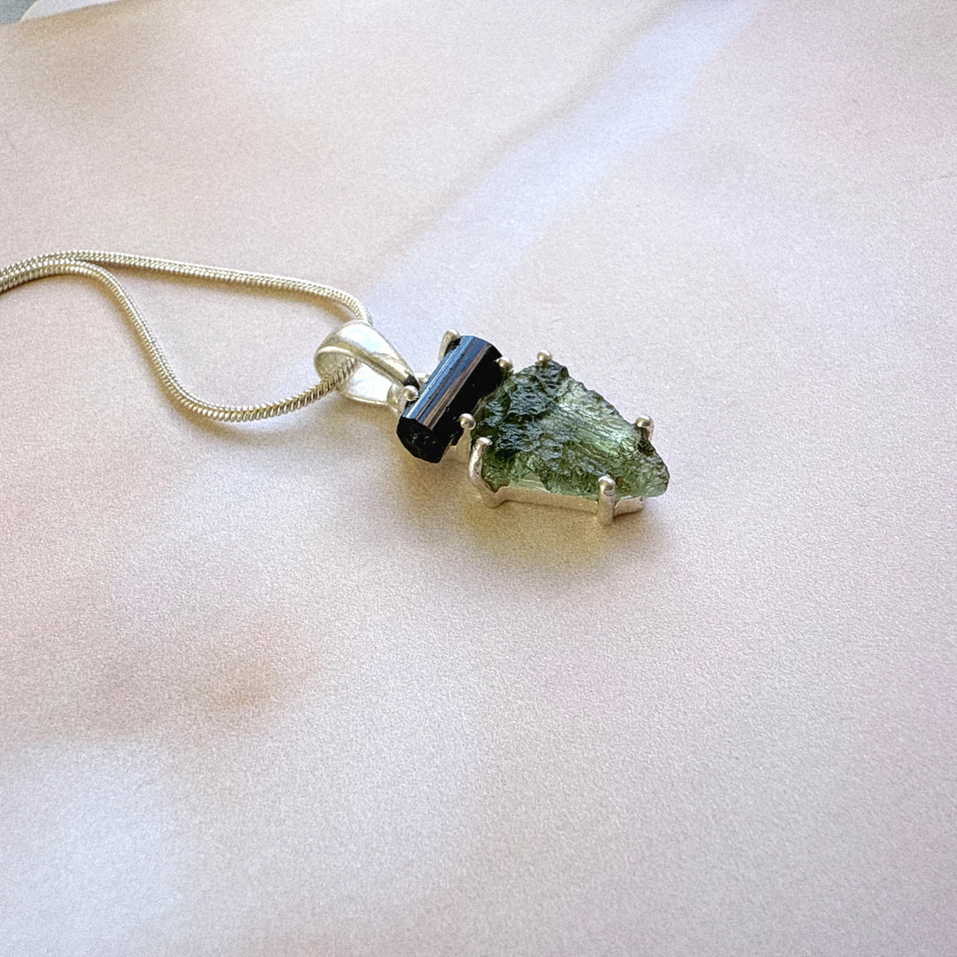 MOLDAVITE & BLACK TOURMALINE PENDANT