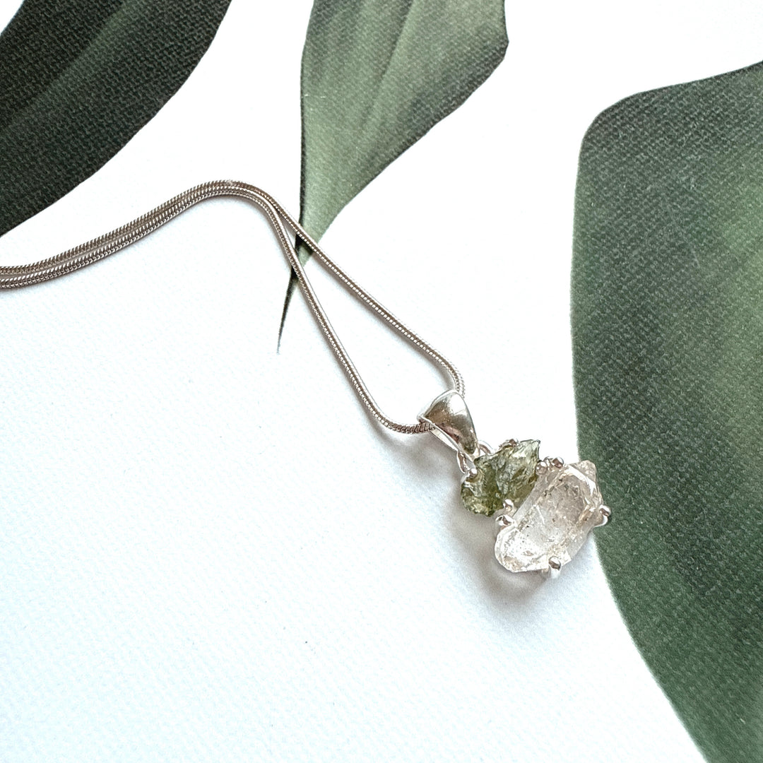 MOLDAVITE & HERKEMIER DIAMOND PENDANT