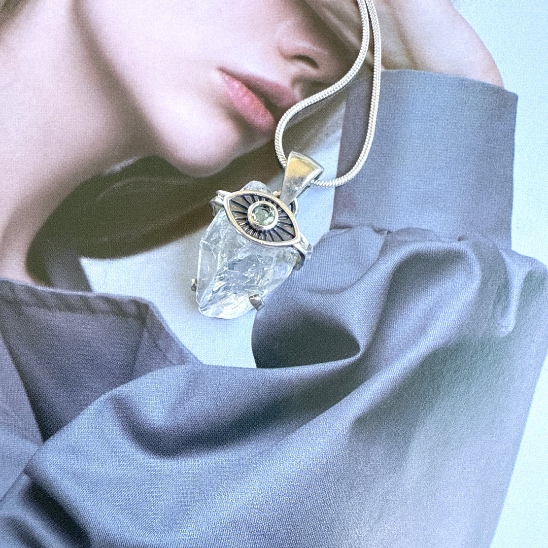 Moldavite & Herkimer Diamond Evil Eye Pendant