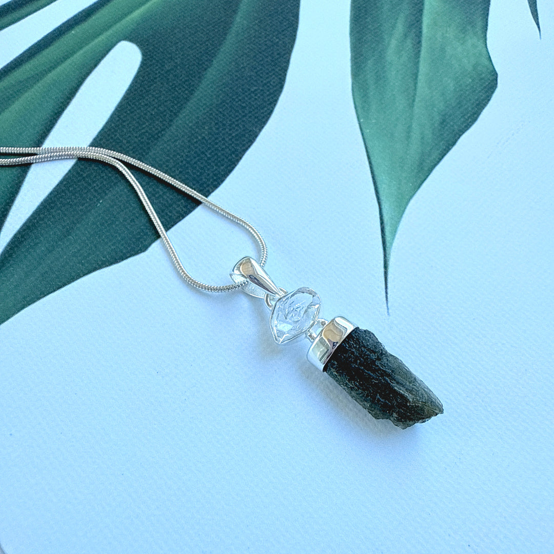 MOLDAVITE & HERKEMIR DIAMOND PENDANT