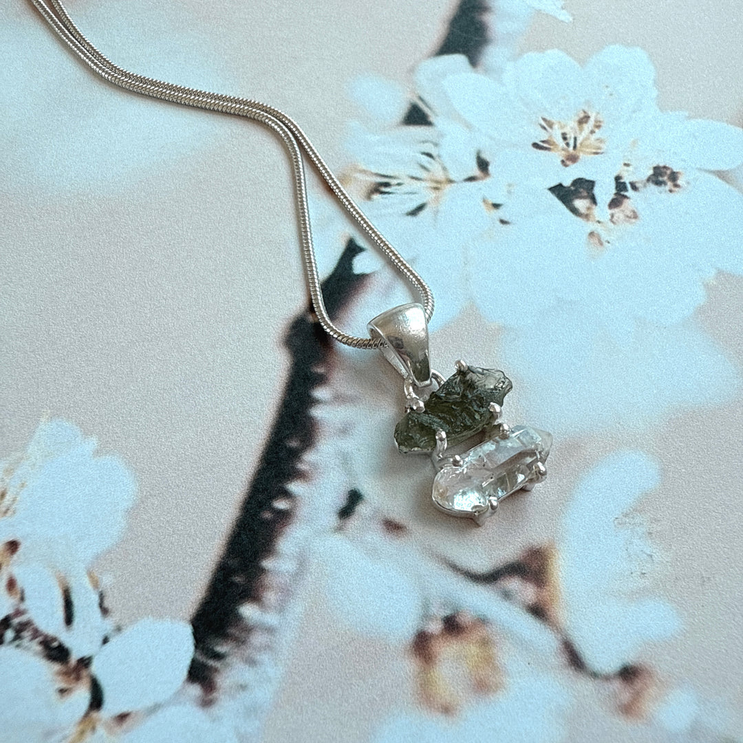 MOLDAVITE & HERKEMIER DIAMOND PENDANT