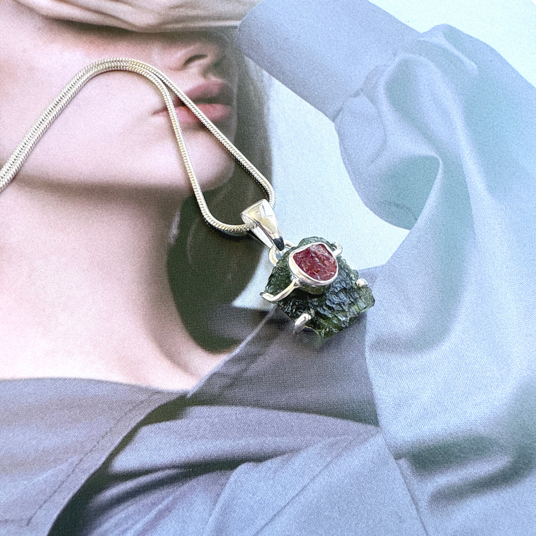 Moldavite & Pink Tourmaline Pendant
