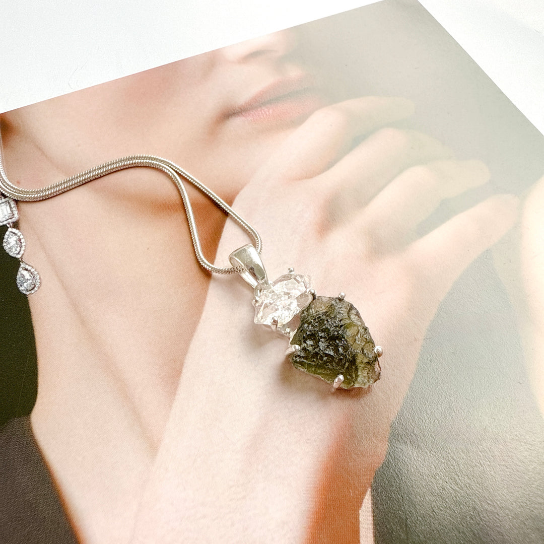 MOLDAVITE & HERKEMIER DIAMOND PENDANT