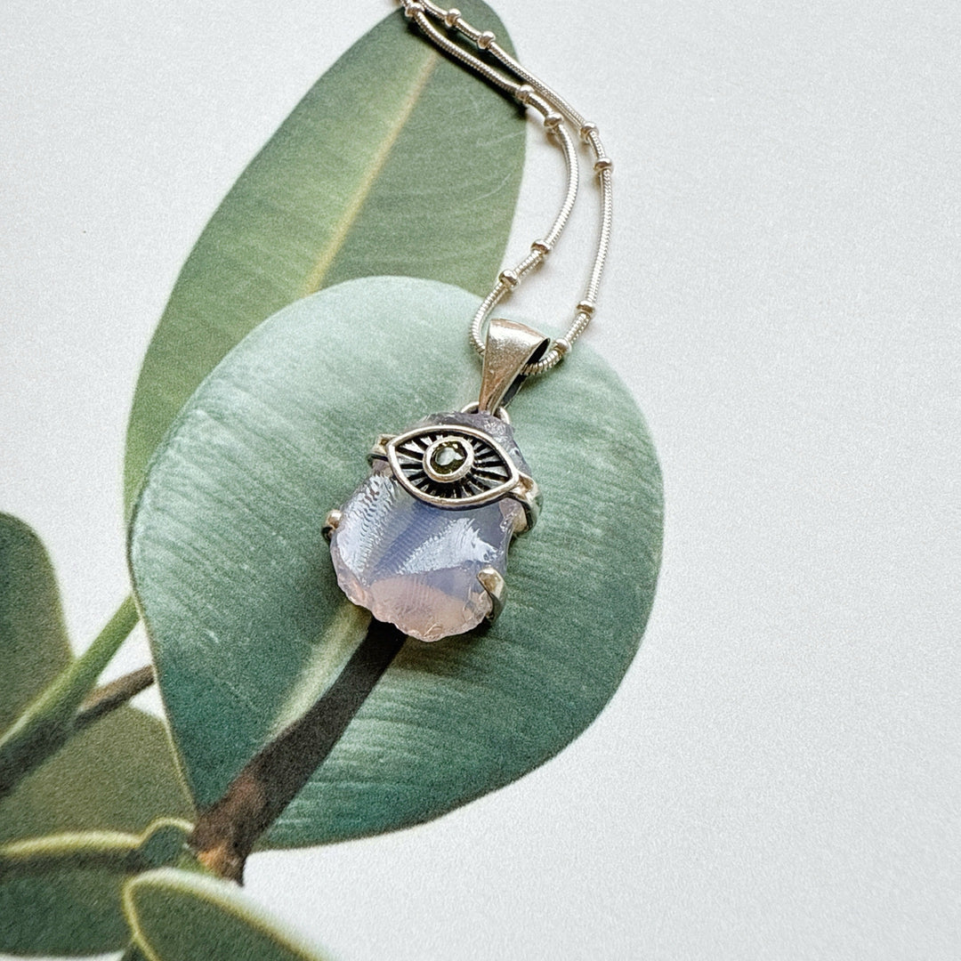 Evil Eye Pendant with Lavender & Faceted Moldavite