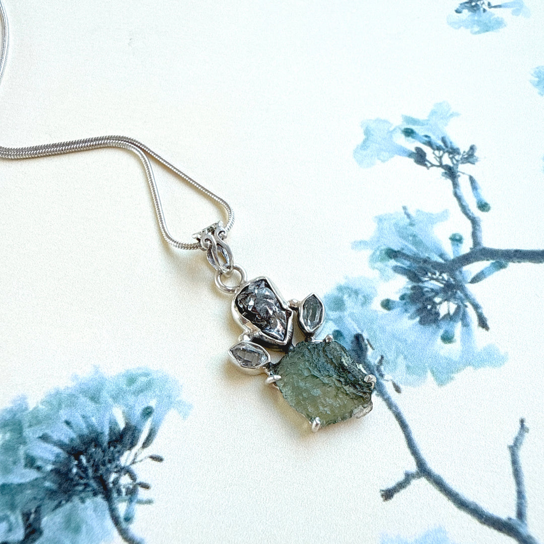 MOLDAVITE, HERKIMER DIAMOND, METEORITE CAMPO DEL CIELO PENDANT