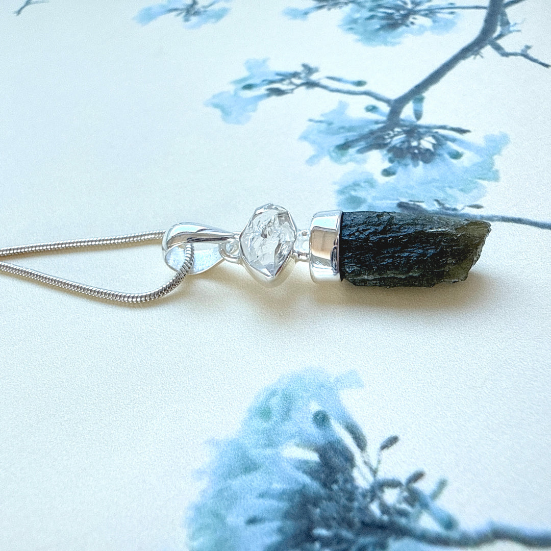 MOLDAVITE & HERKEMIR DIAMOND PENDANT