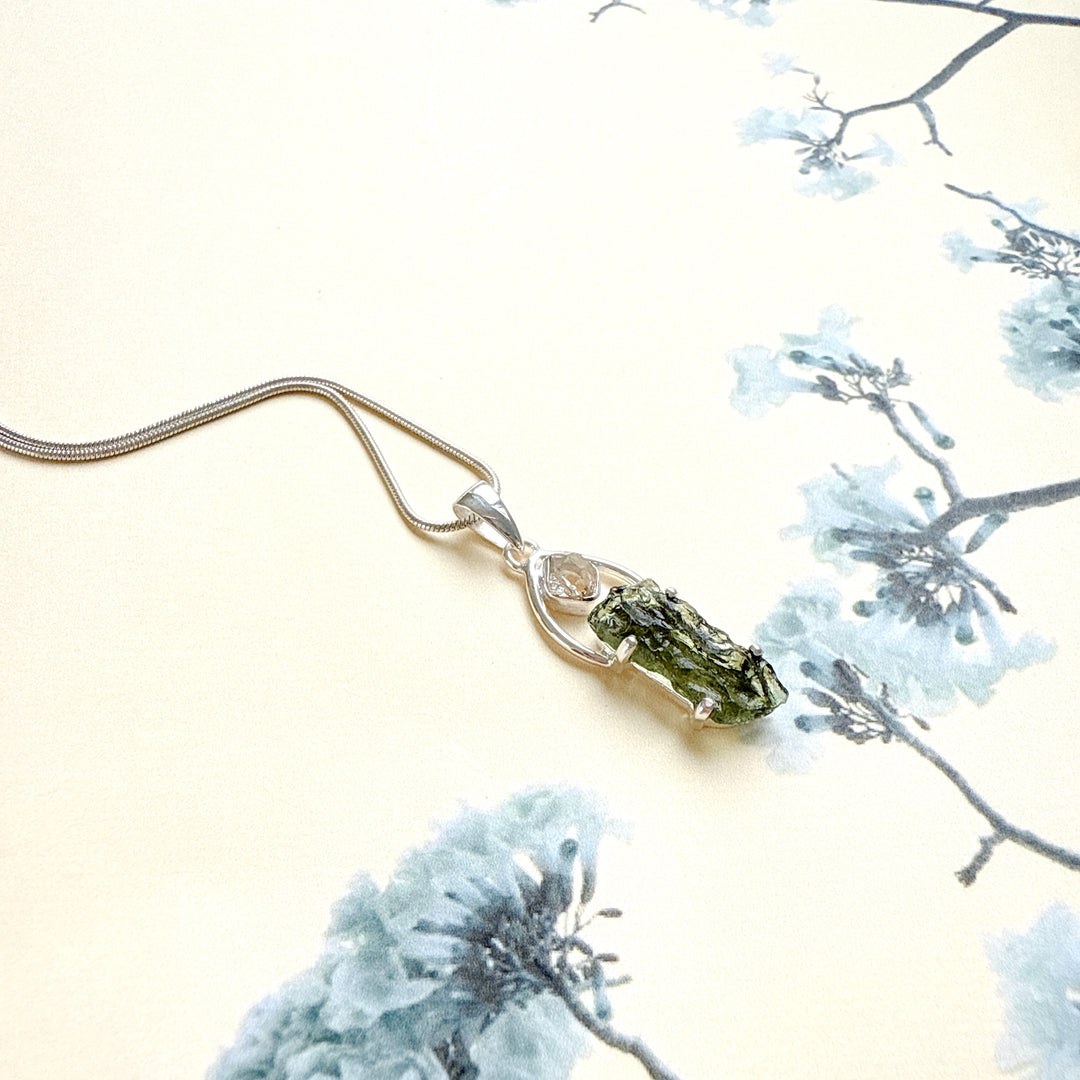 Moldavite & Herkimer Pendant