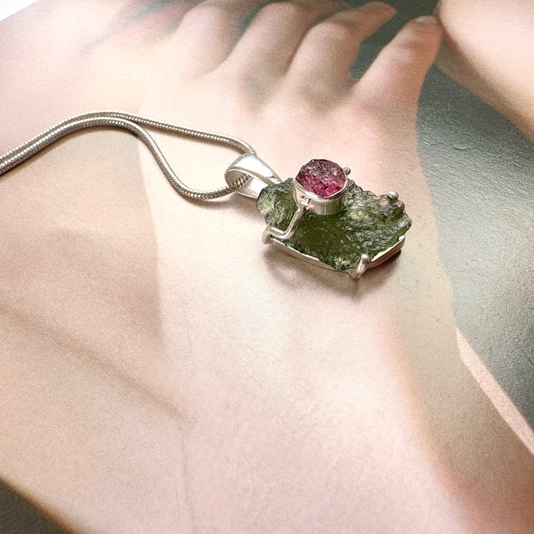 Moldavite & Pink Tourmaline Pendant