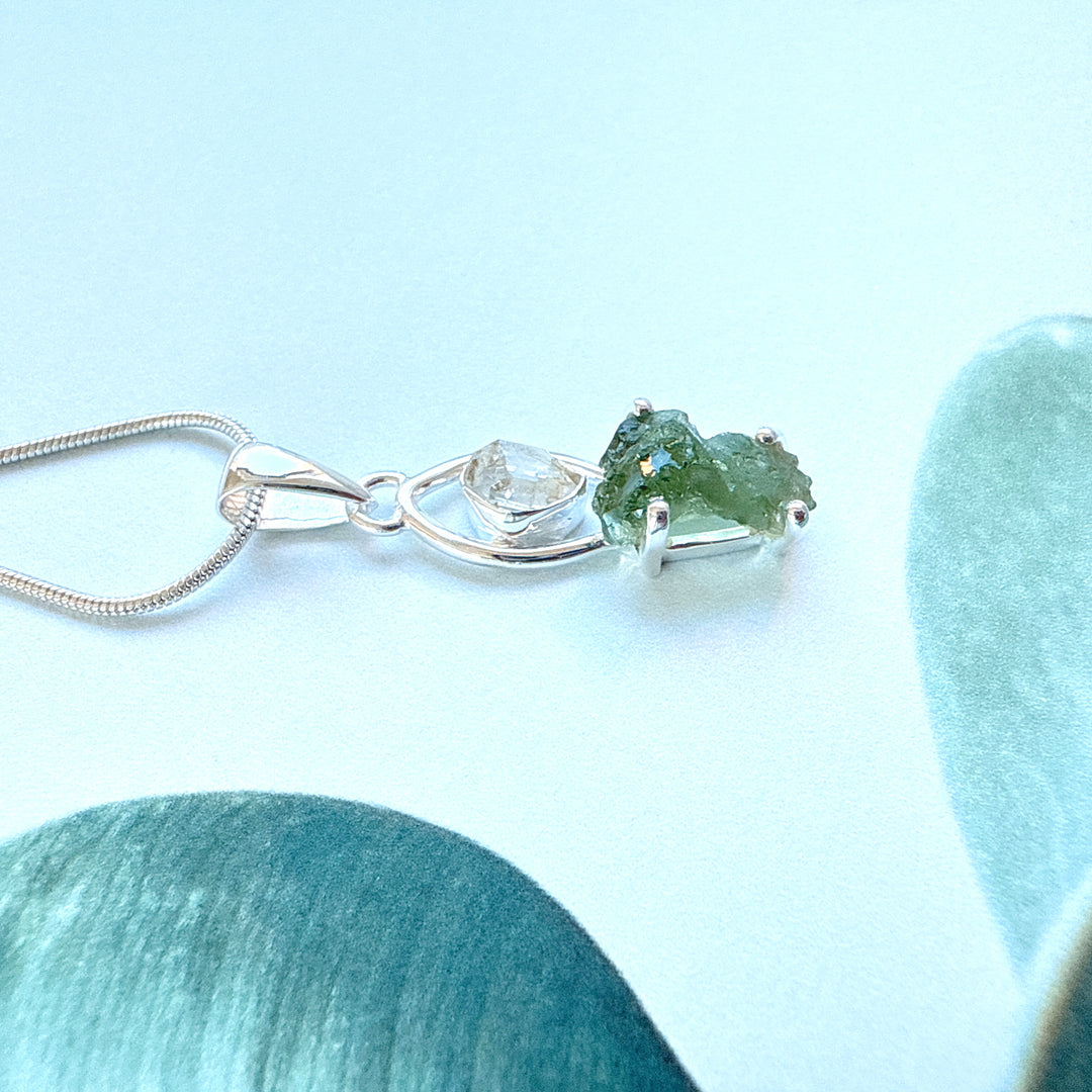 MOLDAVITE & HERKEMIER DIAMOND PENDANT