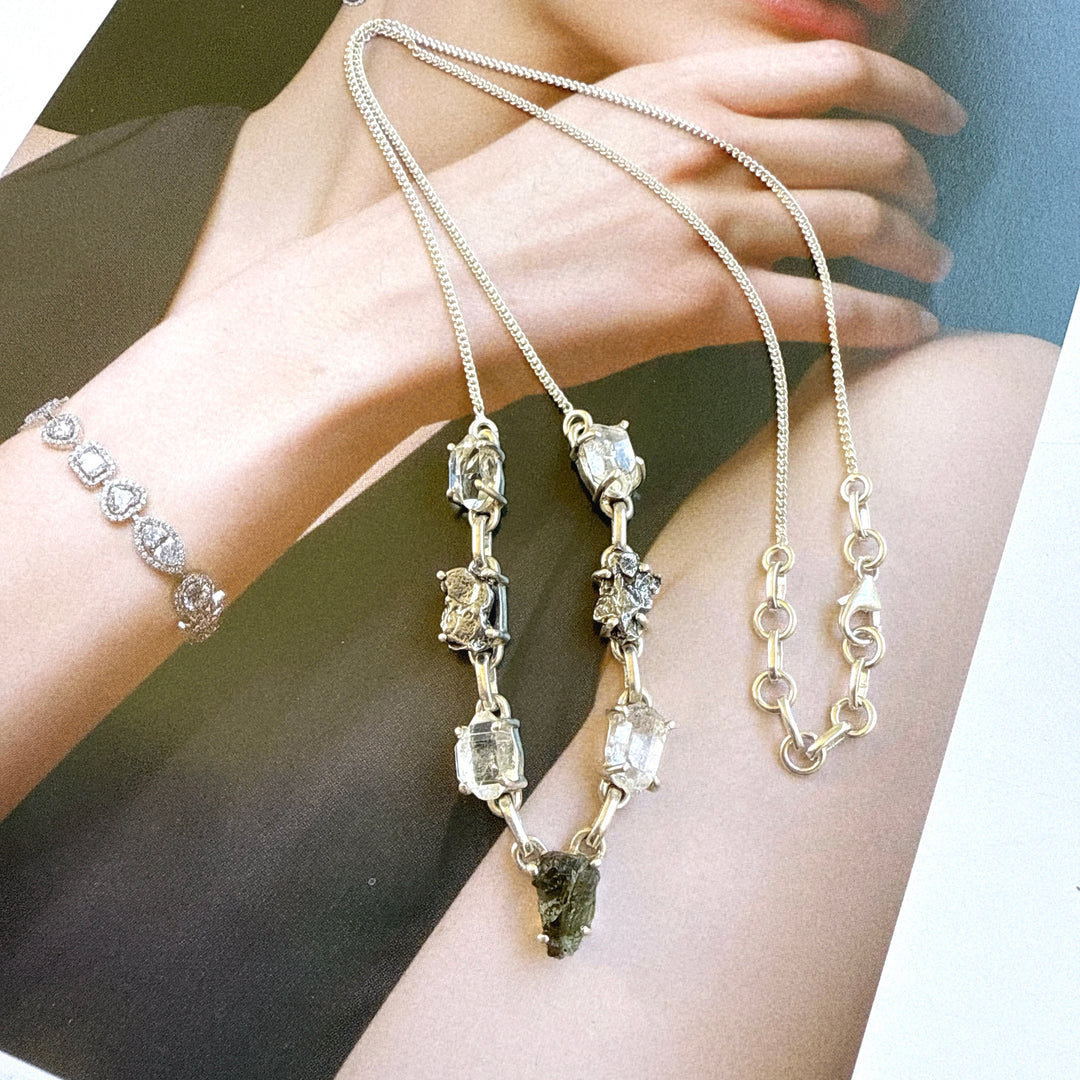 Moldavite, Herkimer Diamond & Meteorite Campo Del Cielo Necklace