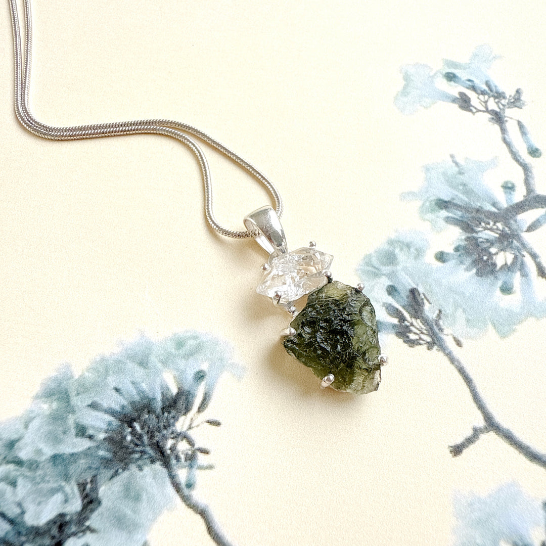 MOLDAVITE & HERKEMIER DIAMOND PENDANT