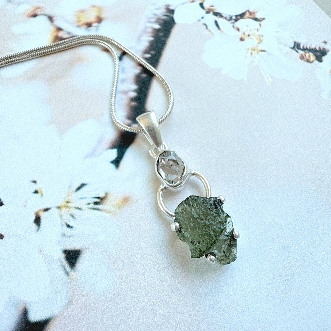 MOLDAVITE & HERKEMIER DIAMOND PENDANT