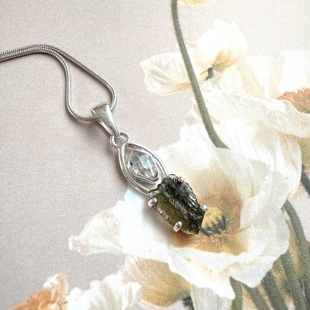 MOLDAVITE & HERKEMIER DIAMOND PENDANT