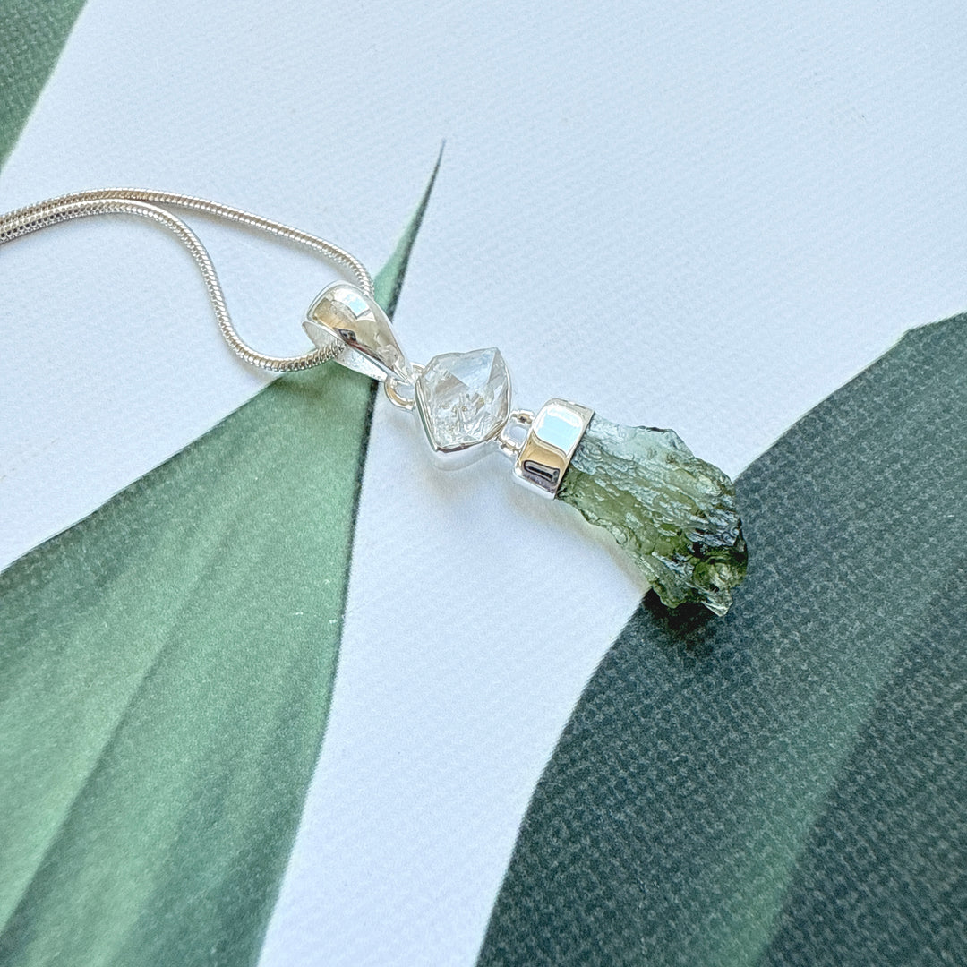 MOLDAVITE & HERKEMIR DIAMOND PENDANT