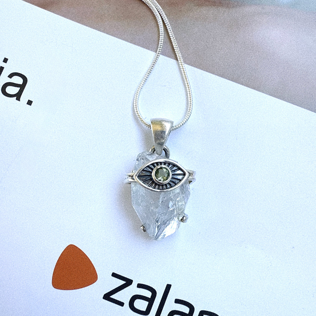Moldavite & Herkimer Diamond Evil Eye Pendant