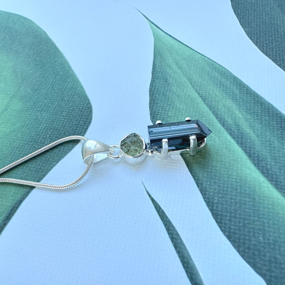 Moldavite & Black Tourmaline Pendant
