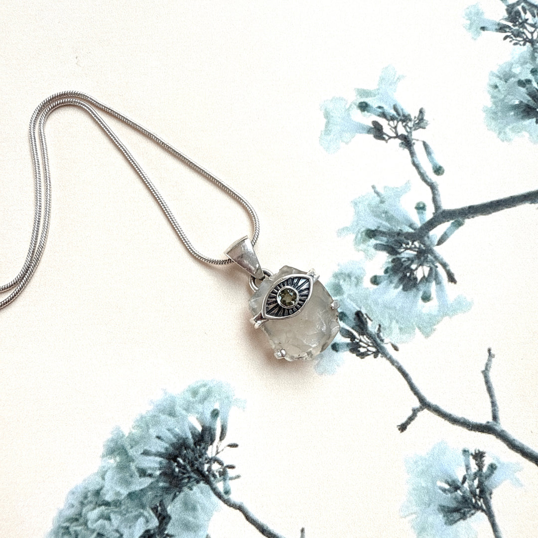 Faceted Moldavite and Libyan Desert Evil Eye Pendant