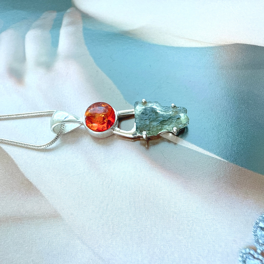 MOLDAVITE & BALTIC AMBER PENDANT