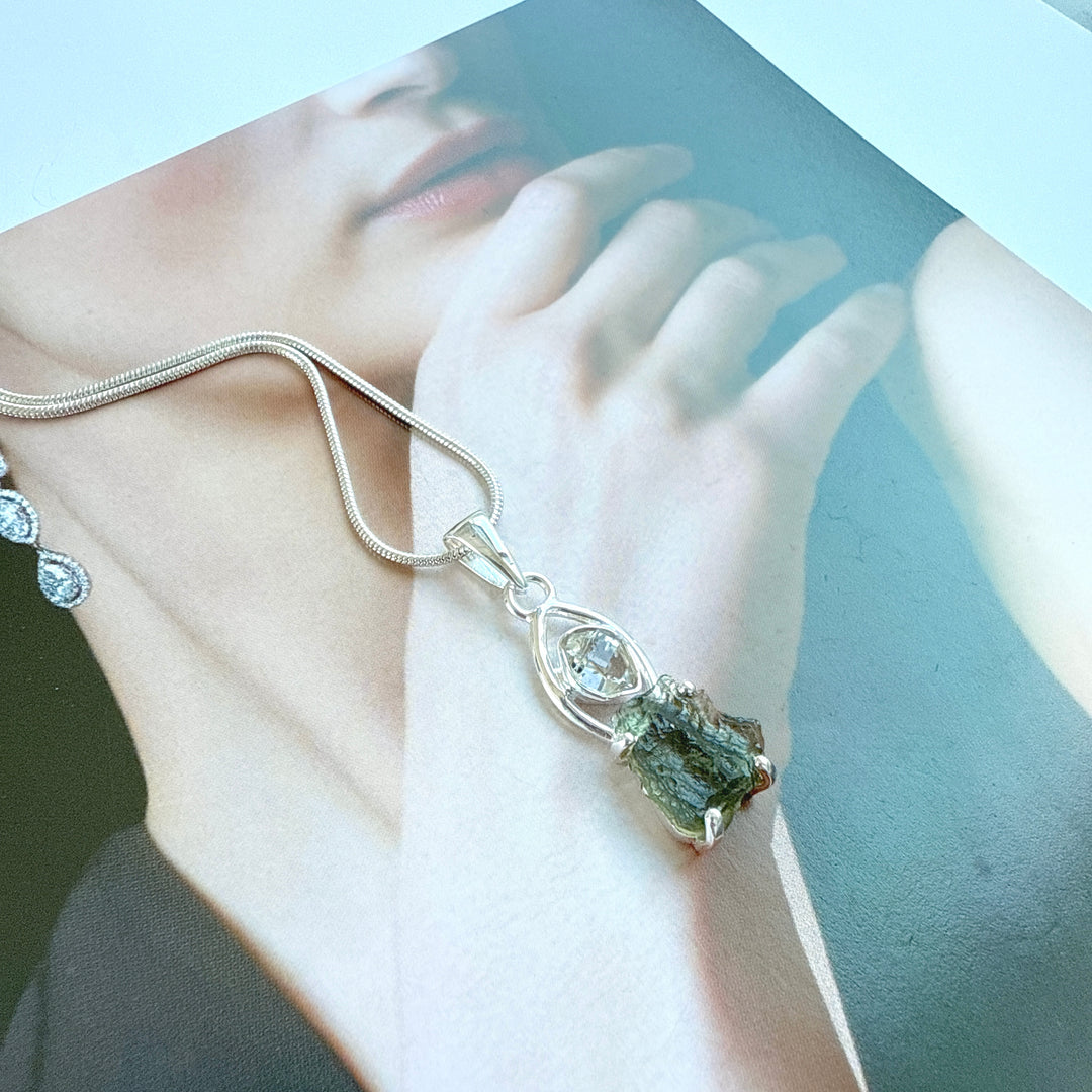 MOLDAVITE & HERKEMIR DIAMOND PENDANT