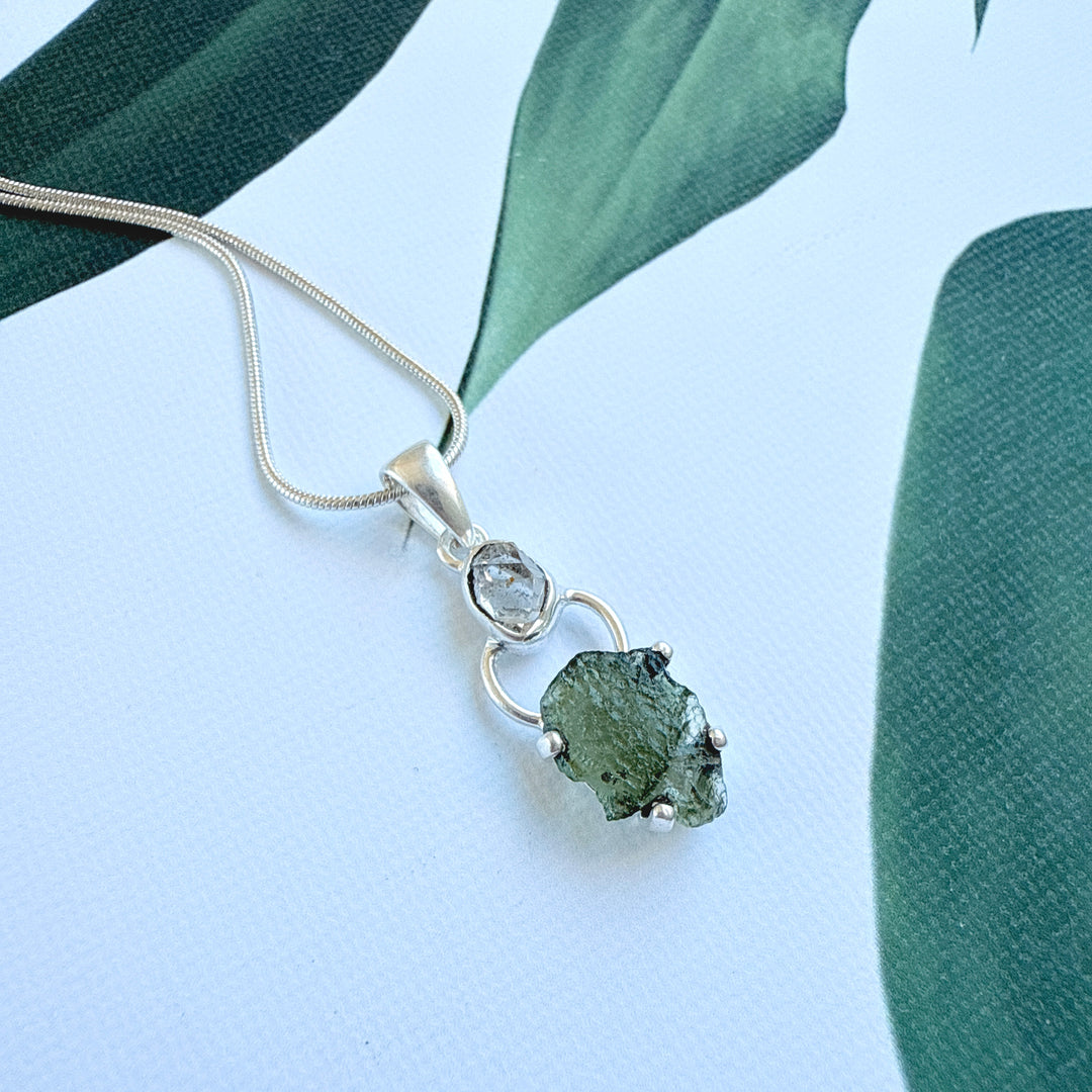 MOLDAVITE & HERKEMIER DIAMOND PENDANT