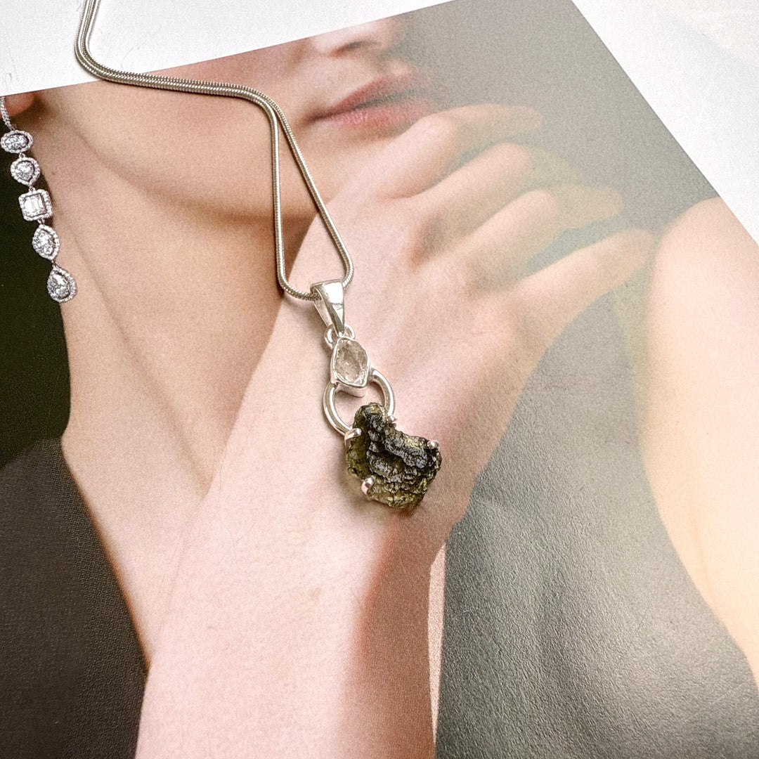 Moldavite & Herkimer Pendant