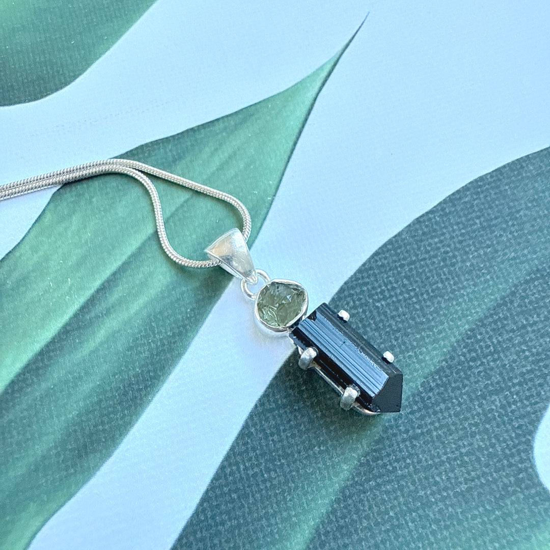Moldavite & Black Tourmaline Pendant