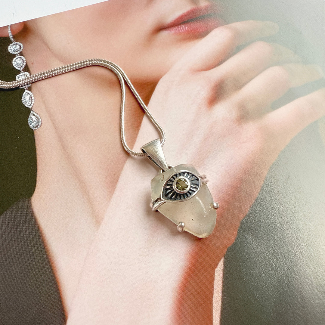 Faceted Moldavite and Libyan Desert Evil Eye Pendant