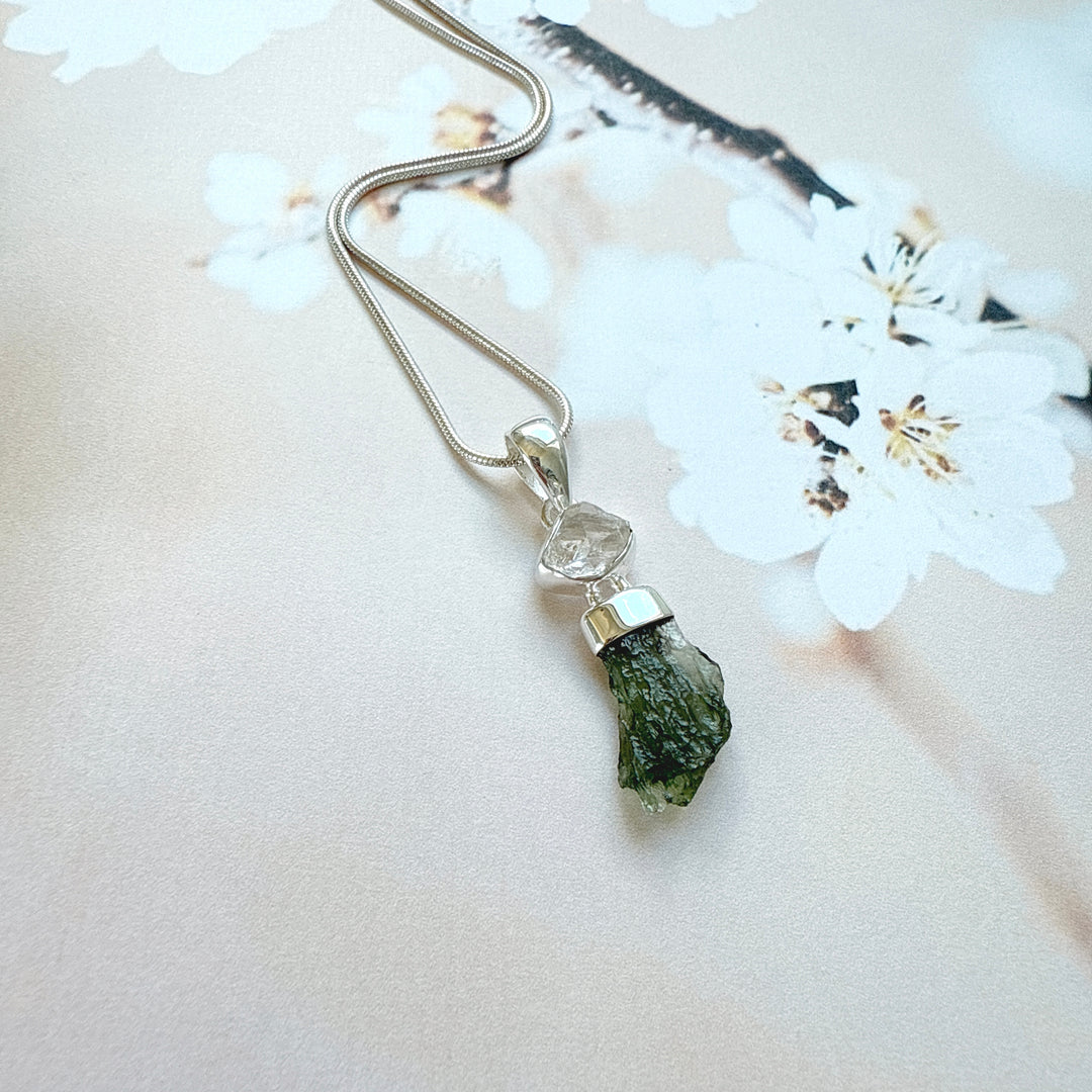 MOLDAVITE & HERKEMIR DIAMOND PENDANT