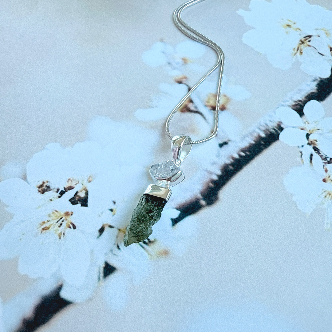 MOLDAVITE & HERKEMIR DIAMOND PENDANT